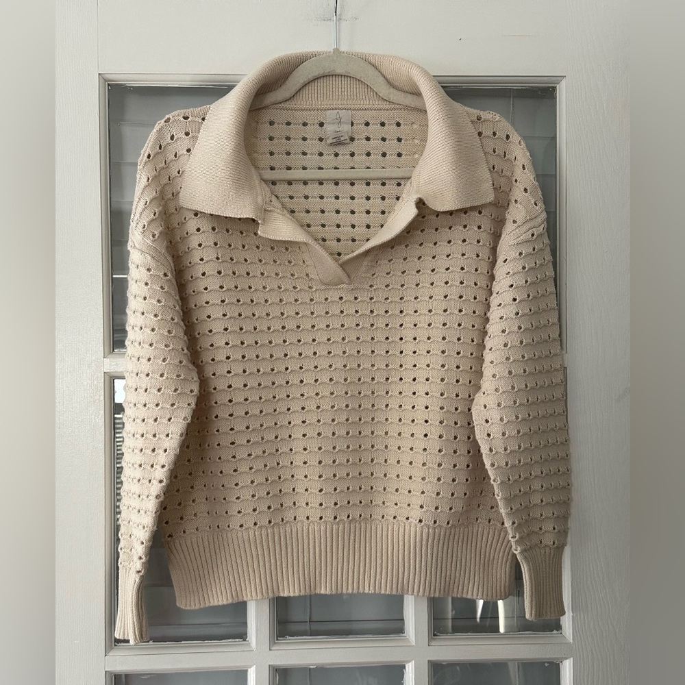 Joie Women’s L Lightweight Open Knit Beige Collared Sweater